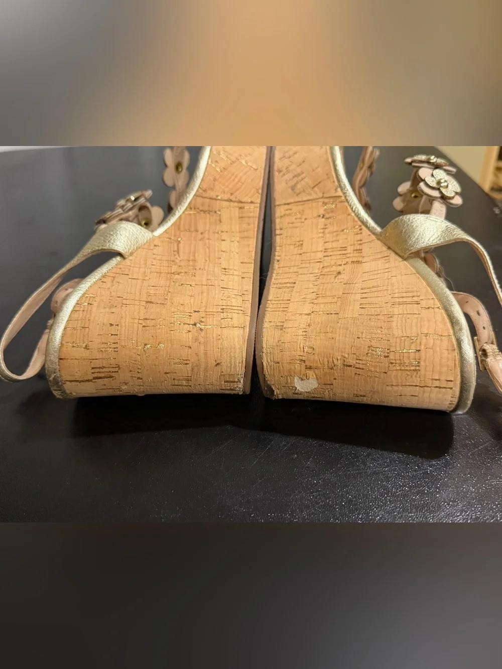 kate spade Gold Floral Leather Wedge Sandals